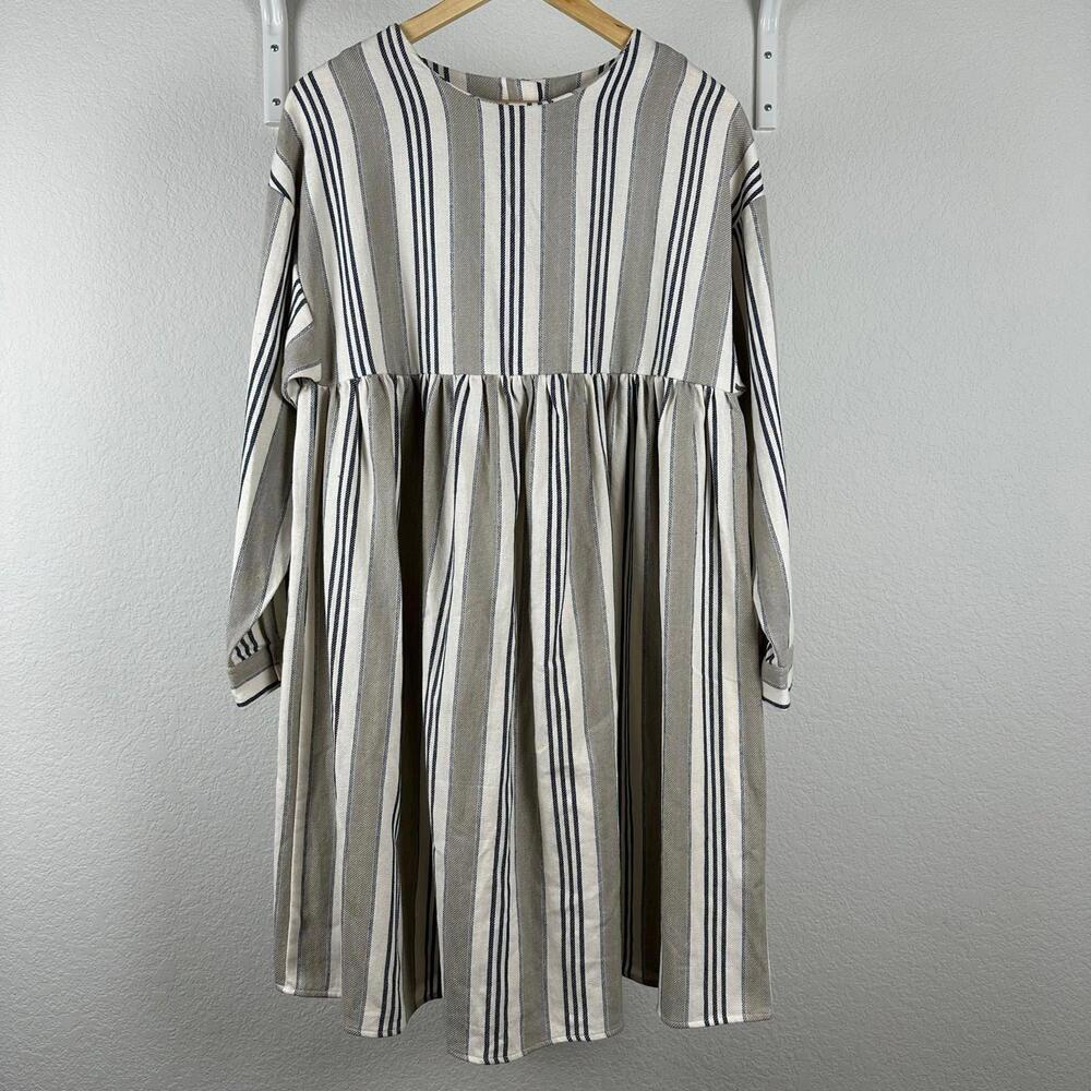 Size 8 Women’s Maternity ASOS Long Sleeve Smock Striped Dress - Beige Navy Cream